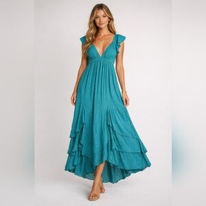 FREE PEOPLE 'Aquamarine' Cotton Teal Blue Flowy Coastal Maxi Dress - Size S